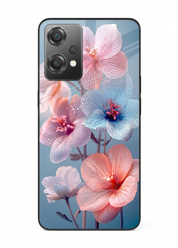 Iridescent orchid artwork on OnePlus Nord CE2 Lite 5G glass back cover with luminous floral tones.