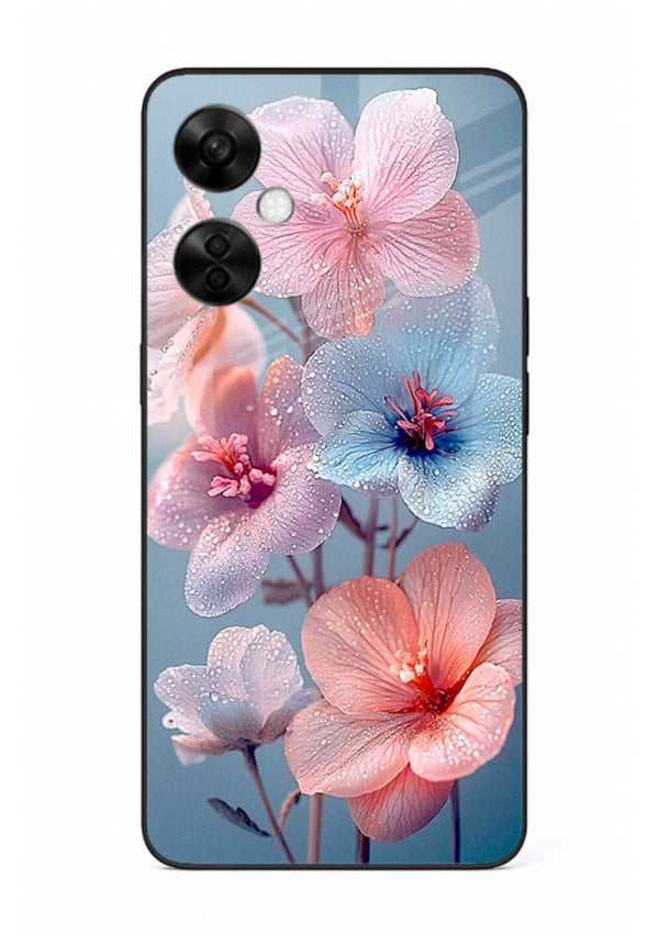 Iridescent orchid artwork on OnePlus Nord CE3 Lite glass back cover with luminous floral tones.