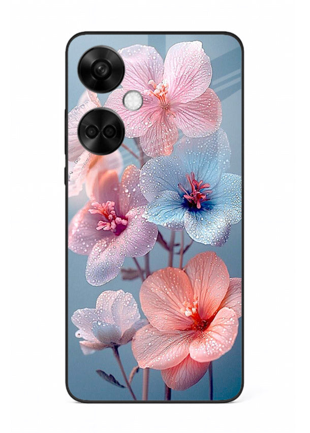 Iridescent orchid artwork on OnePlus Nord CE3 glass back cover with luminous floral tones.