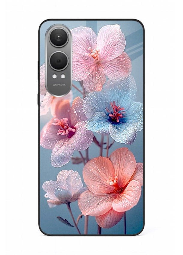 Iridescent orchid artwork on OnePlus Nord CE4 Lite glass back cover with luminous floral tones.