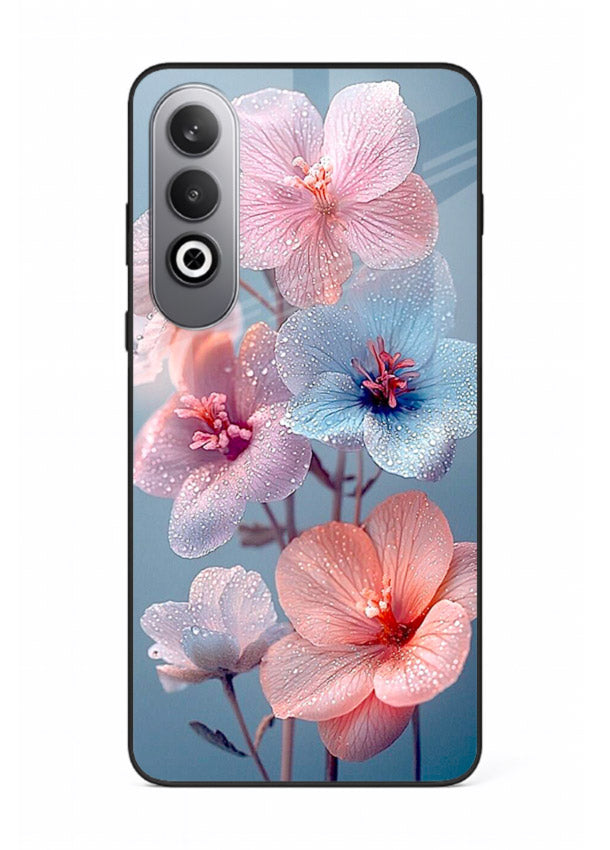 Iridescent orchid artwork on OnePlus Nord CE4 glass back cover with luminous floral tones.