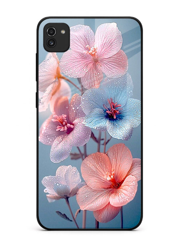Iridescent orchid artwork on Samsung A03 glass back cover with luminous floral tones.
