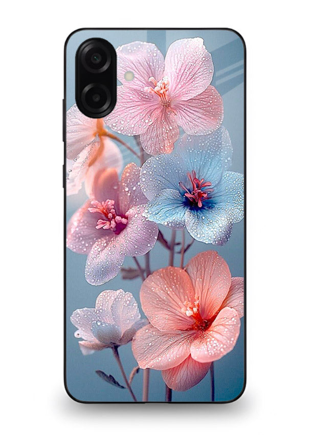 Iridescent orchid artwork on Samsung A06 5G glass back cover with luminous floral tones.