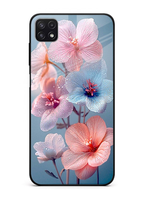 Iridescent orchid artwork on Samsung F42 5G glass back cover with luminous floral tones.