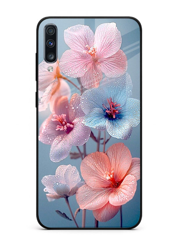 Iridescent orchid artwork on Samsung A50 glass back cover with luminous floral tones.