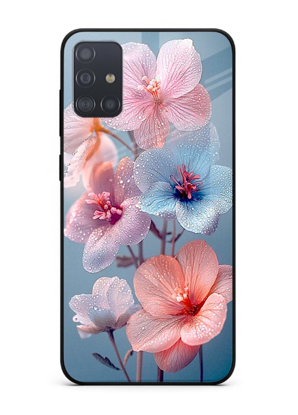 Iridescent orchid artwork on Samsung A71 glass back cover with luminous floral tones.