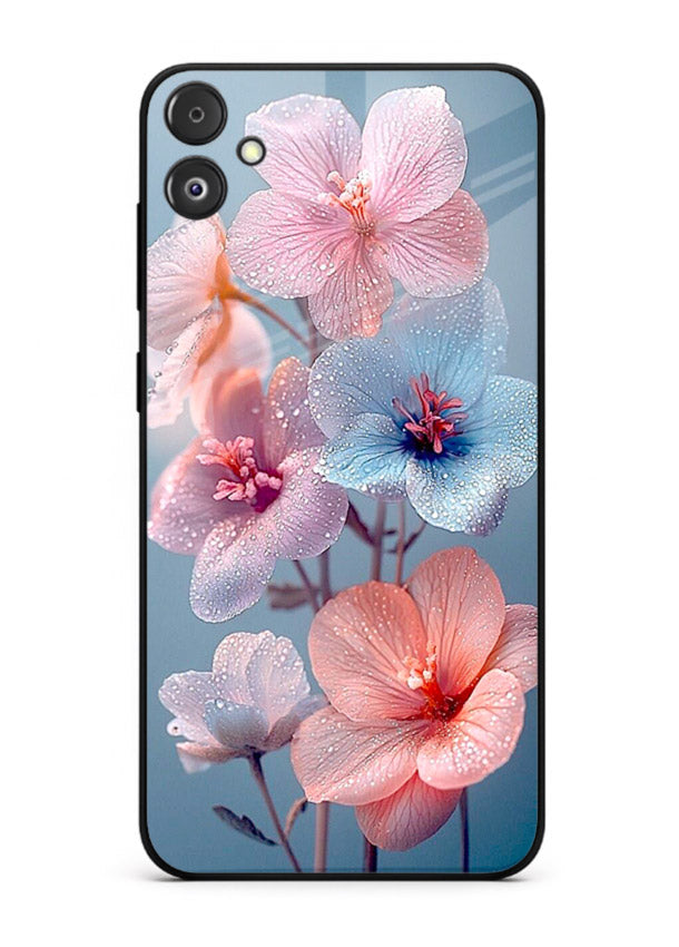 Iridescent orchid artwork on Samsung F14 5G glass back cover with luminous floral tones.