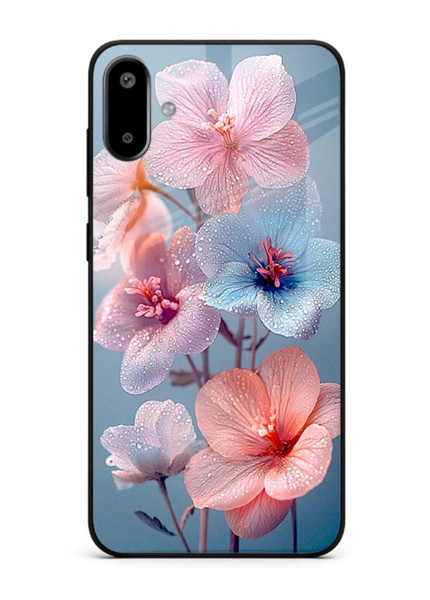 Iridescent orchid artwork on Samsung F06 5G glass back cover with luminous floral tones.