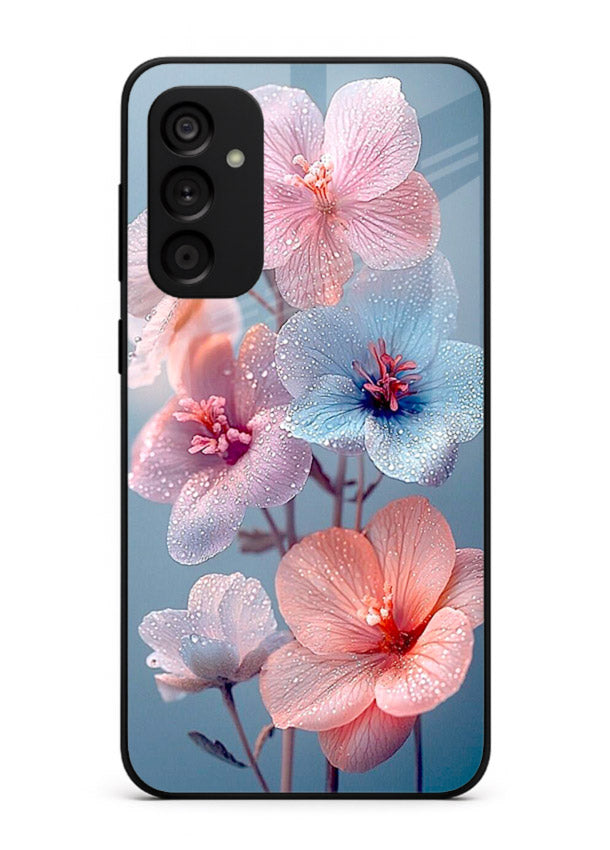 Iridescent orchid artwork on Samsung F34 5G glass back cover with luminous floral tones.