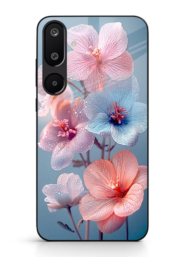 Iridescent orchid artwork on Samsung F16 5G glass back cover with luminous floral tones.