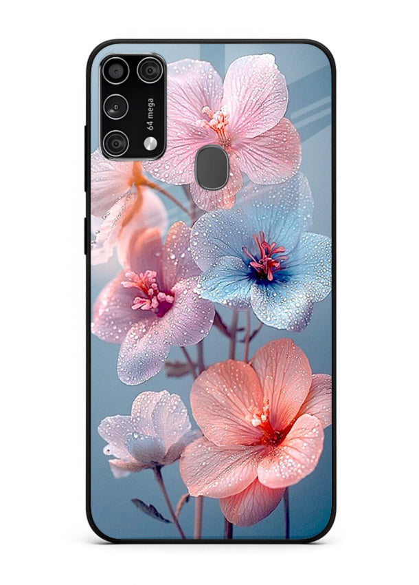 Iridescent orchid artwork on Samsung M31 Prime glass back cover with luminous floral tones.