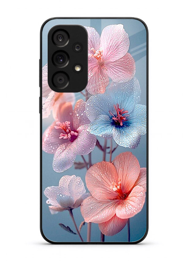 Iridescent orchid artwork on Samsung A23 5G glass back cover with luminous floral tones.