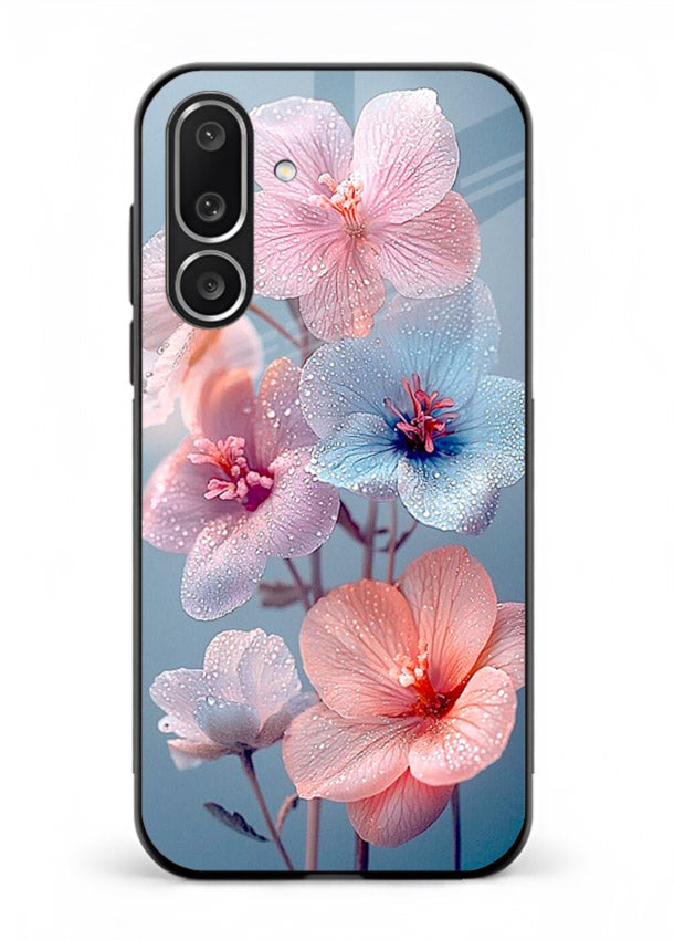 Iridescent orchid artwork on Samsung M56 5G glass back cover with luminous floral tones.