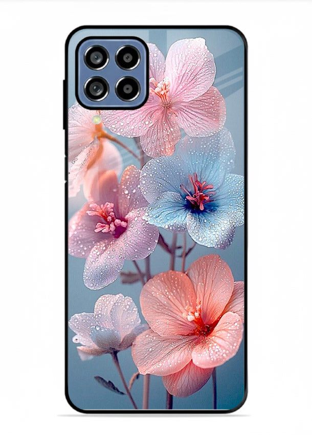 Iridescent orchid artwork on Samsung F12 5G glass back cover with luminous floral tones.