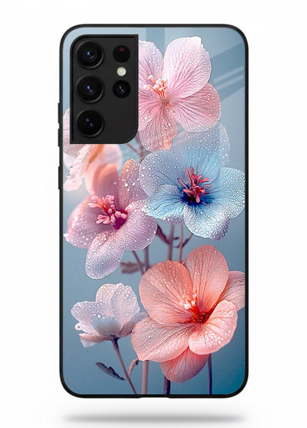 Iridescent orchid artwork on Samsung S21 Ultra glass back cover with luminous floral tones.