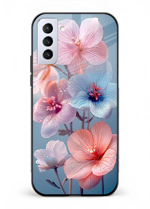 Iridescent orchid artwork on Samsung S21 FE glass back cover with luminous floral tones.