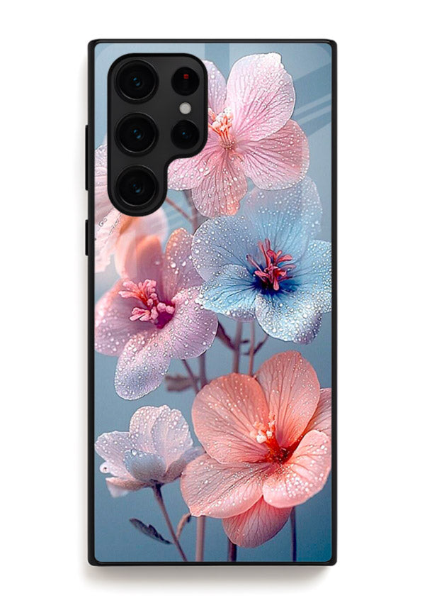 Iridescent orchid artwork on Samsung S22 Ultra glass back cover with luminous floral tones.
