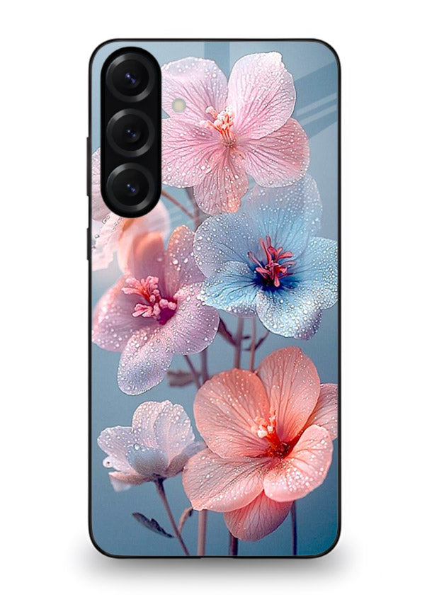 Iridescent orchid artwork on Samsung A35 5G glass back cover with luminous floral tones.