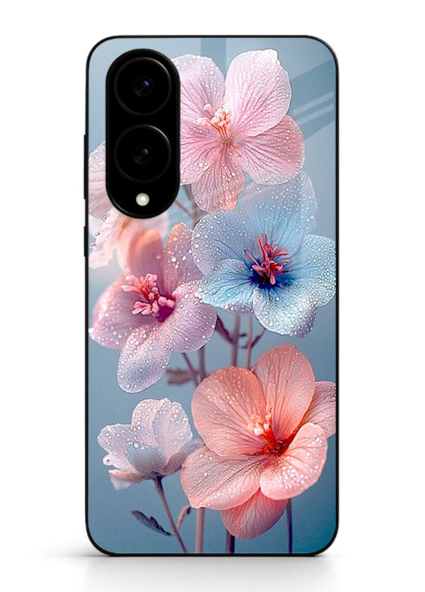 Iridescent orchid artwork on Samsung S25 Edge glass back cover with luminous floral tones.