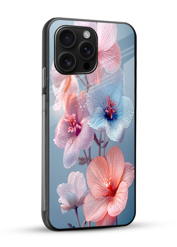 Iridescent orchid artwork on glossy vibrant premium glass back cover with luminous floral tones. - Angle Side