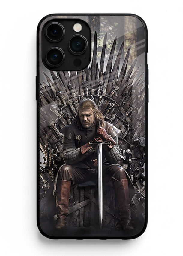 Warrior on iron throne artwork on glossy tempered glass iPhone 16 Pro Max back cover