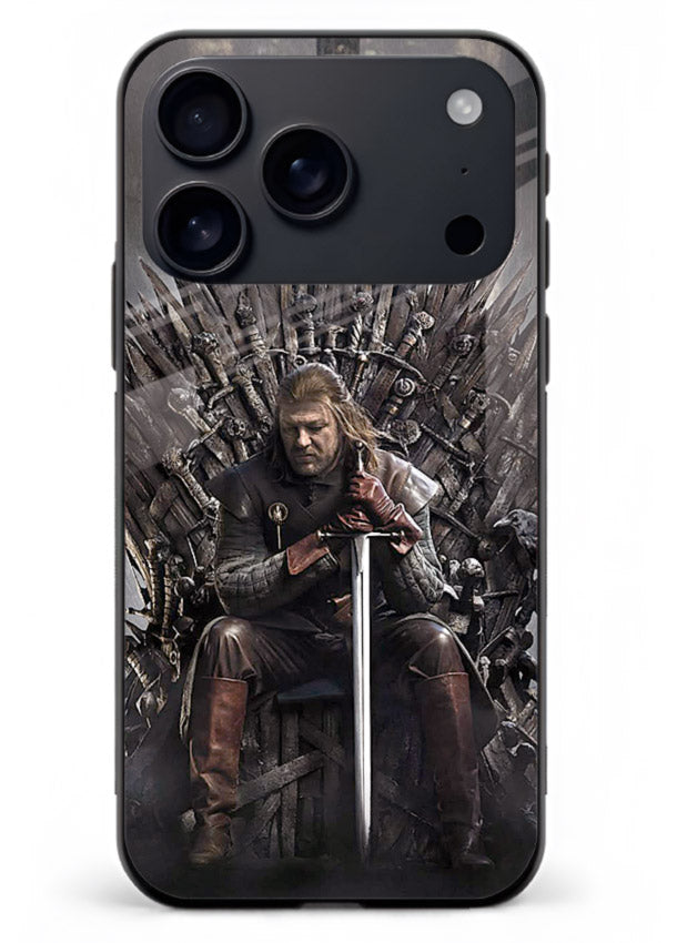Warrior on iron throne artwork on glossy tempered glass iPhone 17 Pro Max back cover