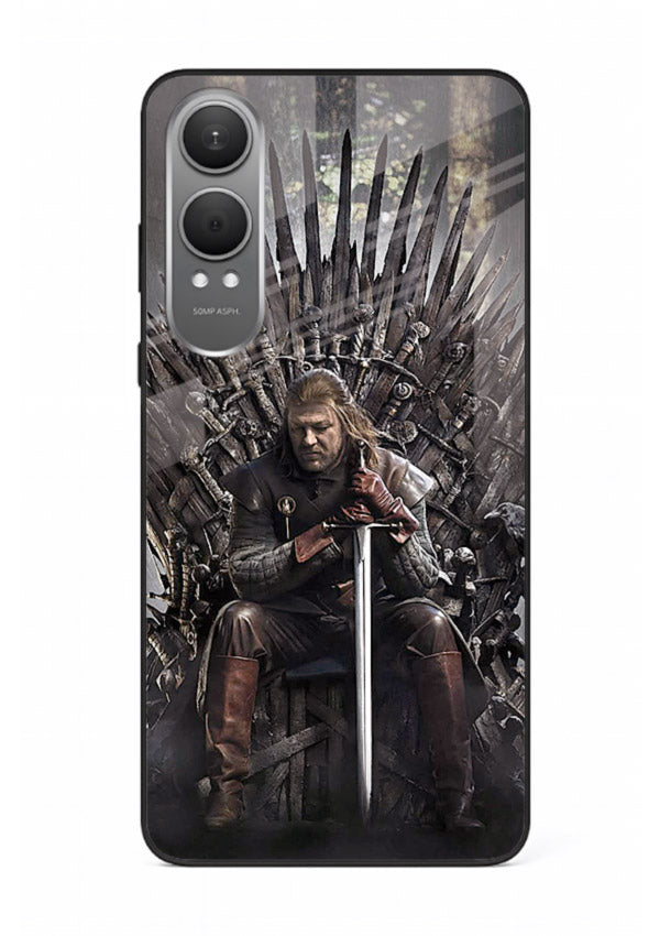 Warrior on iron throne artwork on glossy tempered glass OnePlus Nord CE4 Lite back cover
