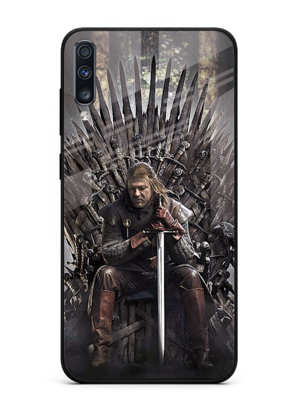 Warrior on iron throne artwork on glossy tempered glass Samsung A50 back cover