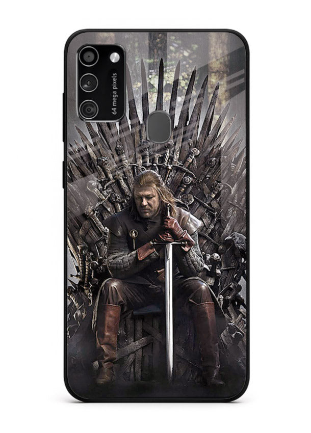 Warrior on iron throne artwork on glossy tempered glass Samsung M21 back cover
