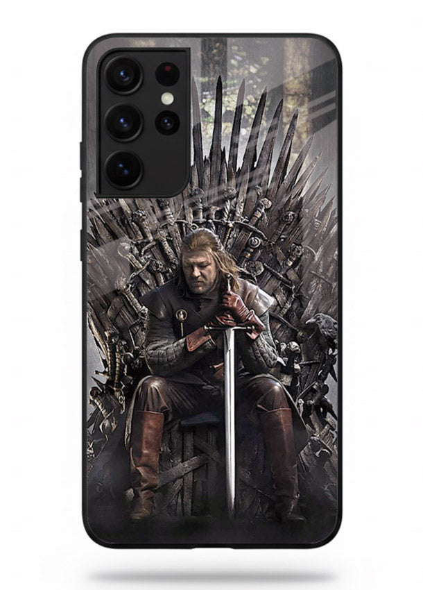 Warrior on iron throne artwork on glossy tempered glass Samsung S21 Ultra back cover
