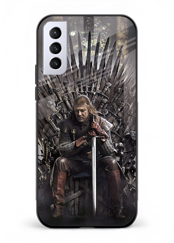Warrior on iron throne artwork on glossy tempered glass Samsung S21 Plus back cover