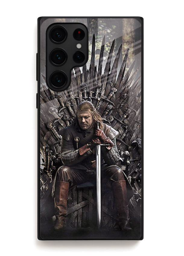Warrior on iron throne artwork on glossy tempered glass Samsung S24 Ultra back cover