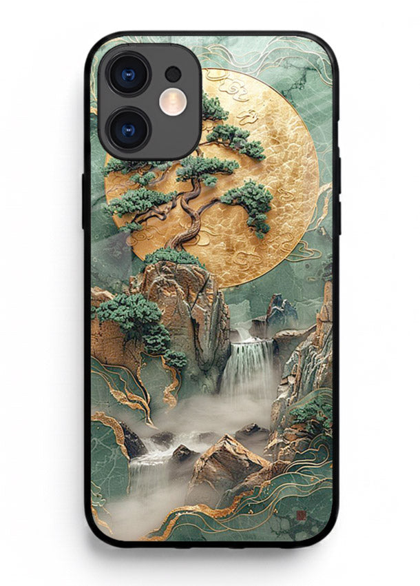 Jade Moon Landscape carved jade mountain artwork iphone 12 mini glass back cover
