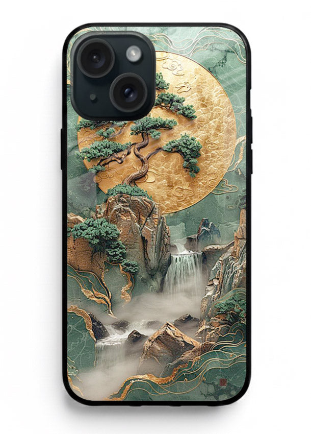 Jade Moon Landscape carved jade mountain artwork iphone 15 glass back cover