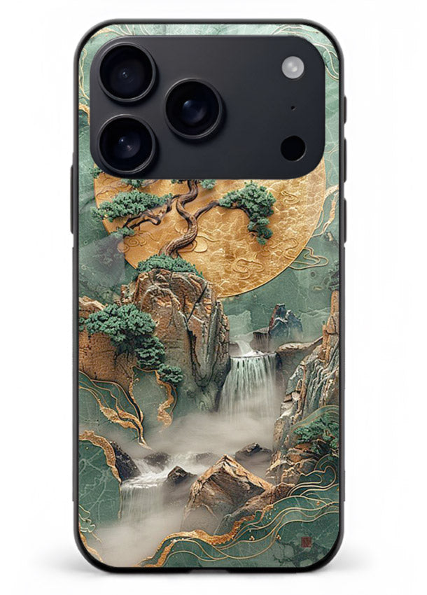 Jade Moon Landscape carved jade mountain artwork iphone 17 pro max glass back cover