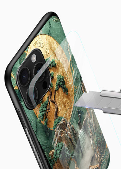 Jade Moon Landscape carved jade mountain artwork glossy vibrant premium glass back cover - Angle Blade