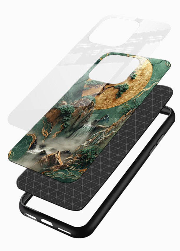 Jade Moon Landscape carved jade mountain artwork glossy vibrant premium glass back cover - Angle Layers