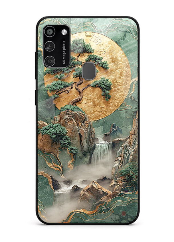 Jade Moon Landscape carved jade mountain artwork Samsung M21 glass back cover