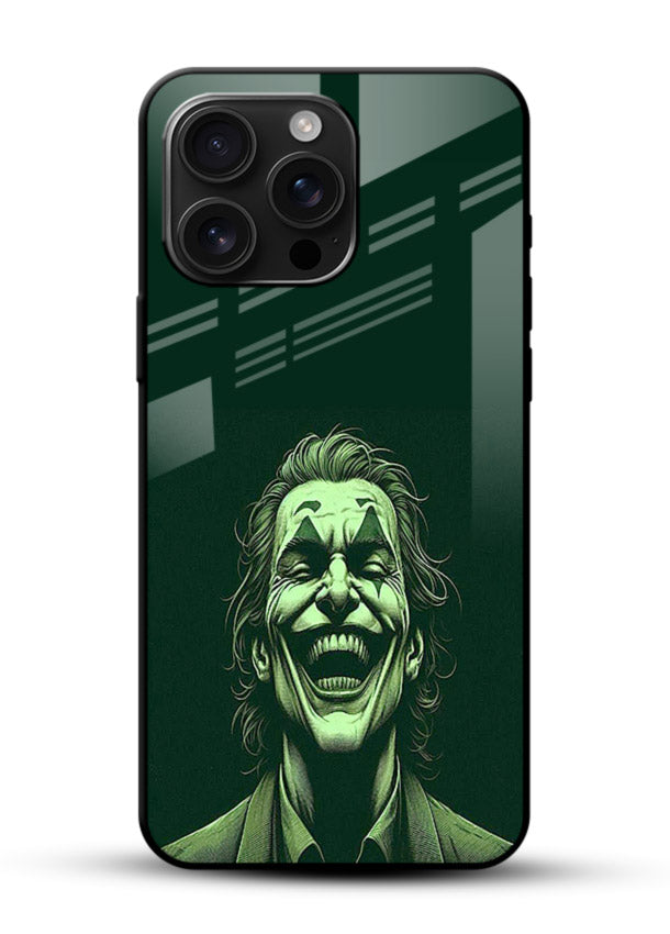 joker toxic smile dark art glossy vibrant premium glass cover villain themed stylish case - Angle Front