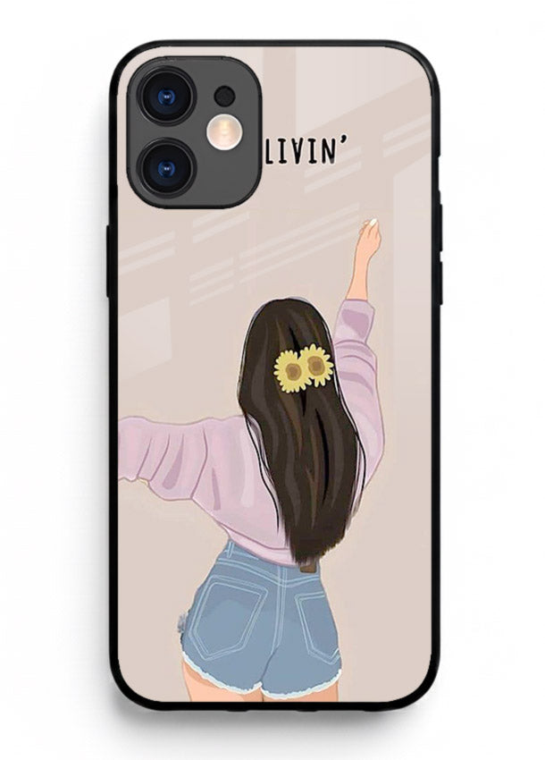 Relaxed character artwork printed on iphone 12 mini glass back cover with soft soothing tones.