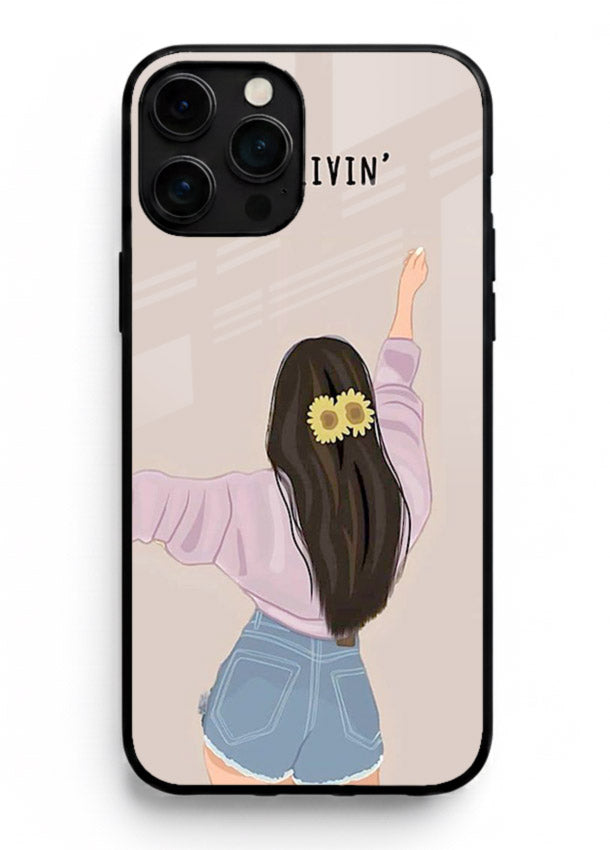 Relaxed character artwork printed on iphone 16 pro max glass back cover with soft soothing tones.