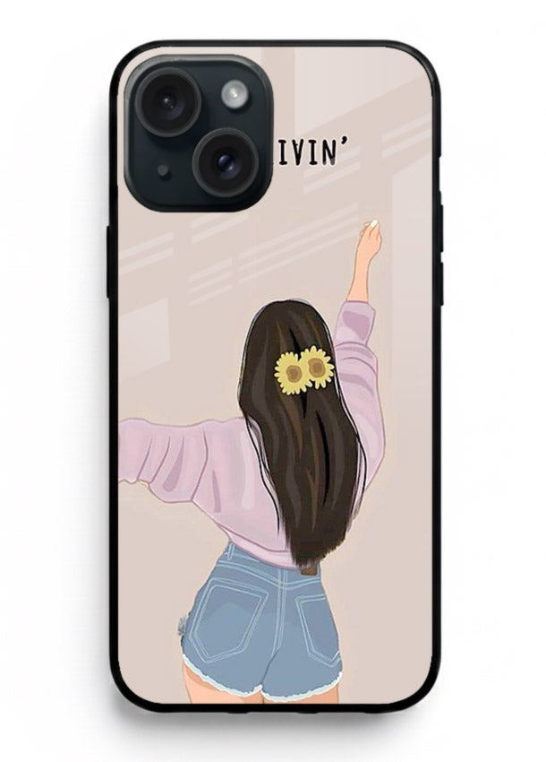 Relaxed character artwork printed on iphone 14 plus glass back cover with soft soothing tones.