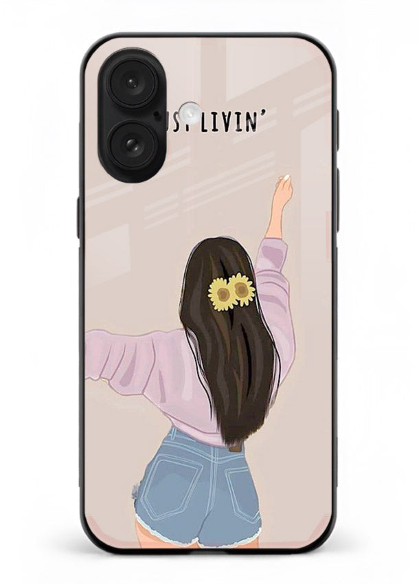 Relaxed character artwork printed on iphone 18 glass back cover with soft soothing tones.