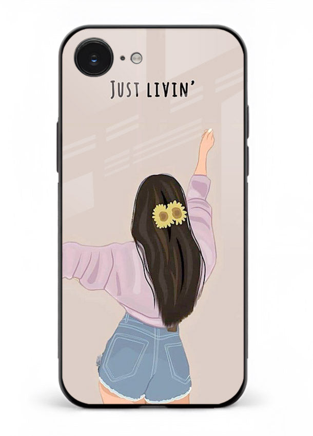 Relaxed character artwork printed on iphone 16e glass back cover with soft soothing tones.