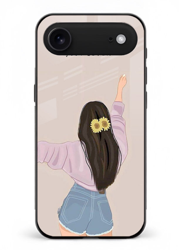 Relaxed character artwork printed on iphone 18 air glass back cover with soft soothing tones.