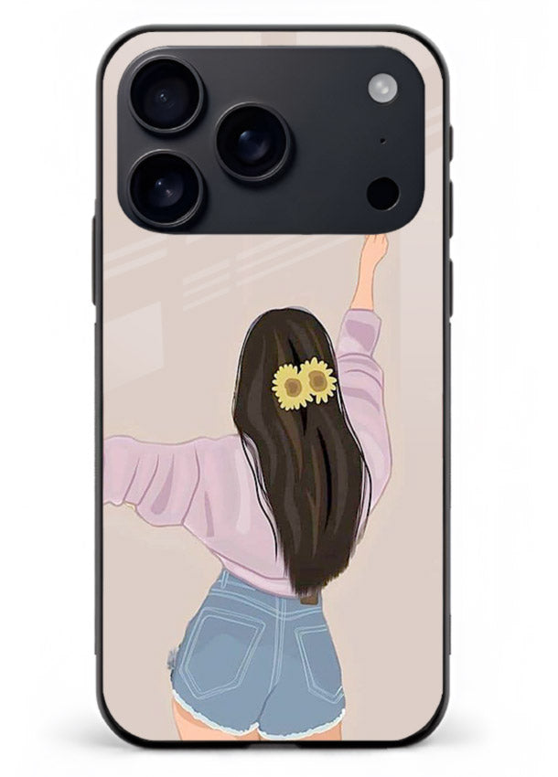 Relaxed character artwork printed on iphone 18 pro max glass back cover with soft soothing tones.