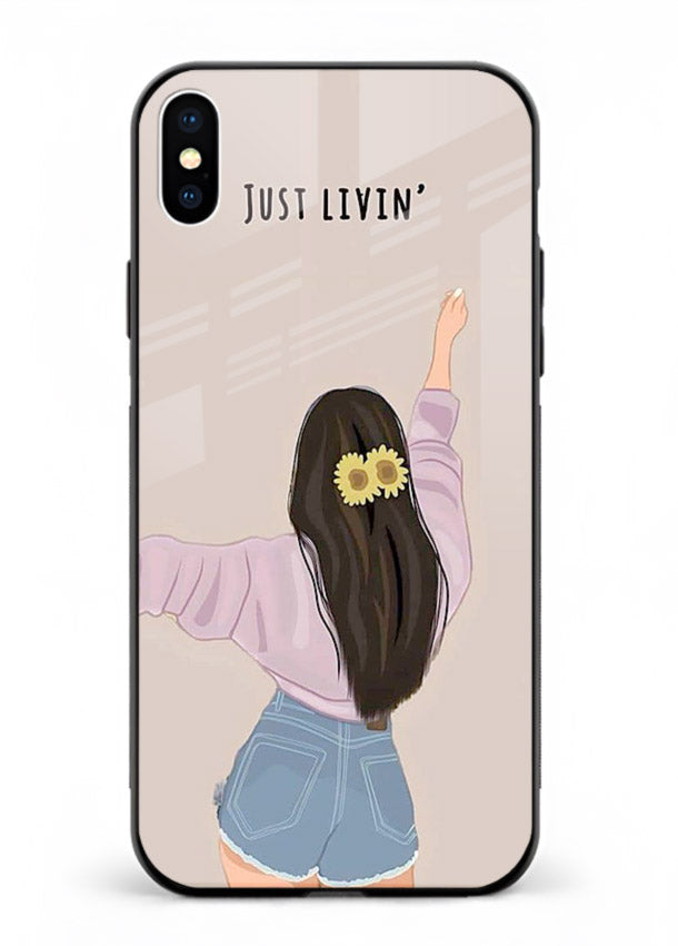 Relaxed character artwork printed on iphone xs max glass back cover with soft soothing tones.