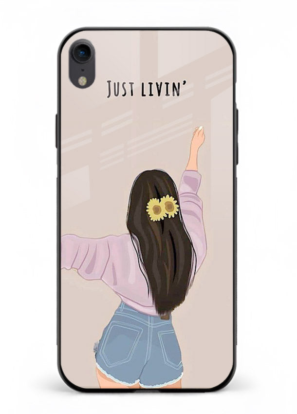 Relaxed character artwork printed on iphone xr glass back cover with soft soothing tones.