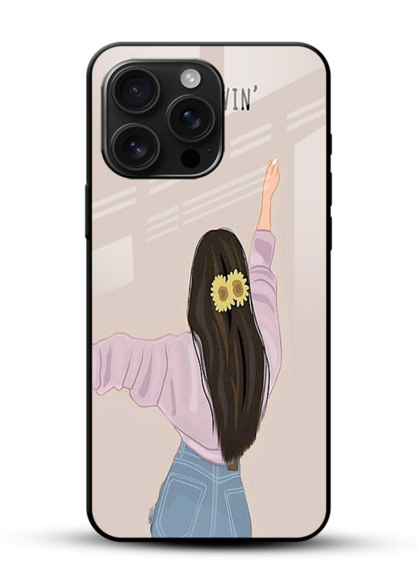 Relaxed character artwork printed on glossy vibrant premium glass back cover with soft soothing tones. - Angle Front