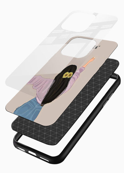 Relaxed character artwork printed on glossy vibrant premium glass back cover with soft soothing tones. - Angle Layers